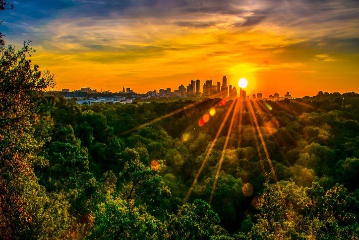 Austin skyline at sunset, viewed from the Hill Country over the Edwards Aquifer