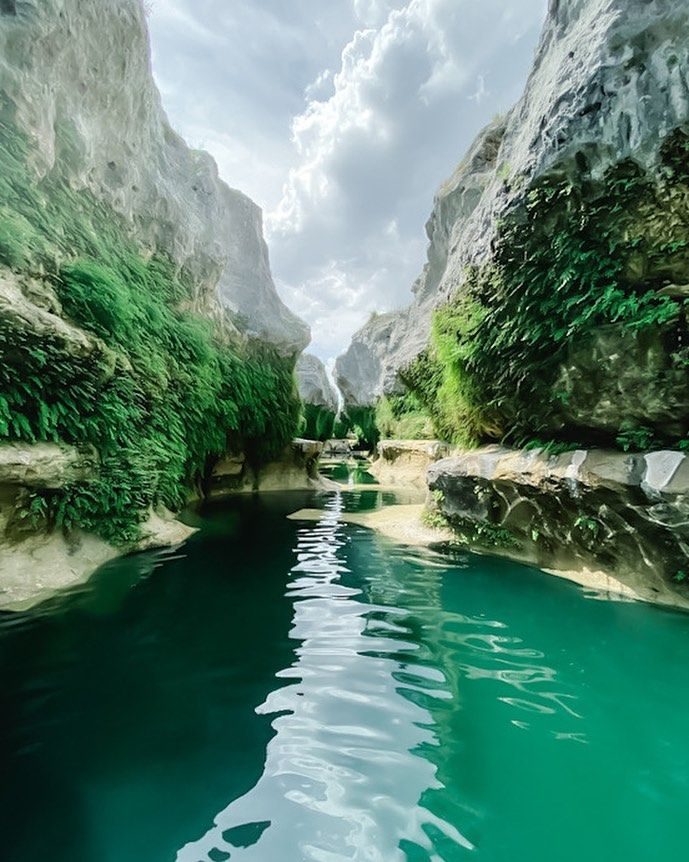 A narrow limestone canyon with clear turquoise water pooling between fern-covered rock walls